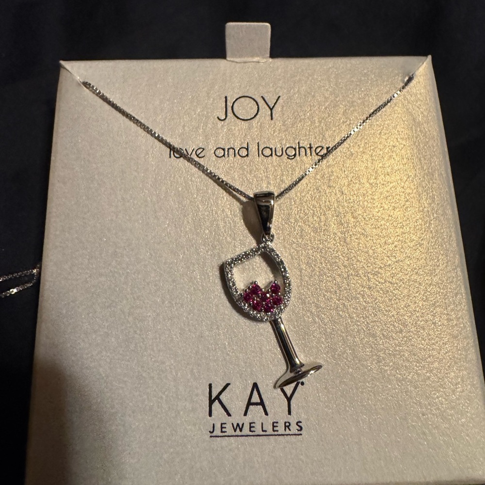 Kay Jewelers Silver Wine Glass Necklace with Pink Stones